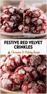 Stack of red velvet crinkle cookies made from cake mix coated in powdered sugar on a holiday plate.